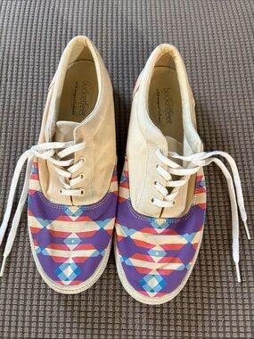 Bucket Feet Beige Canvas Sneakers with Purple, Coral & Light Blue Aztec Toe